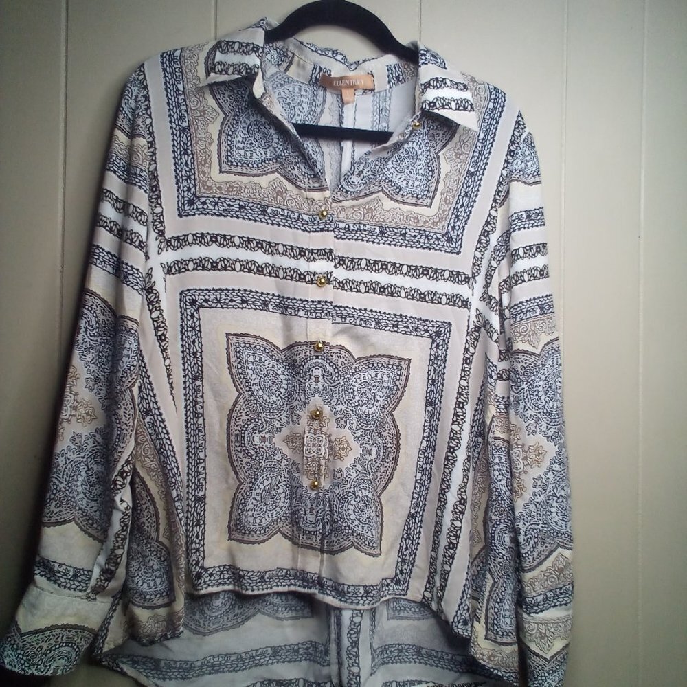 Ellen Tracy Blouse L Button Up Long Sleeve Soft Patterned Tan Black